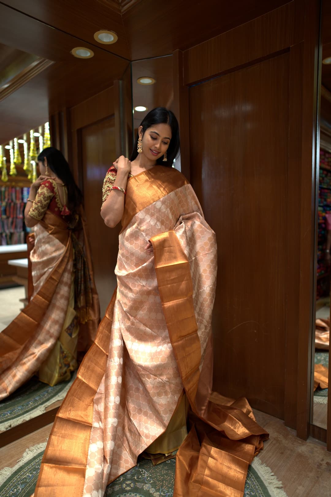 Champagne Copper Polka Brocade Kanjeevaram Silk Saree, Champagne Brocade Kanjeevaram silk saree — full drape view