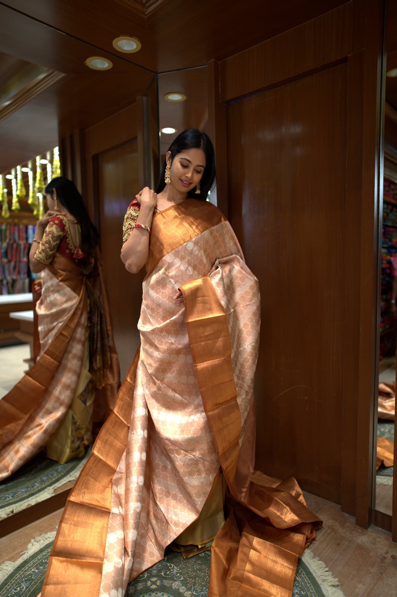 Champagne Copper Polka Brocade Kanjeevaram Silk Saree
