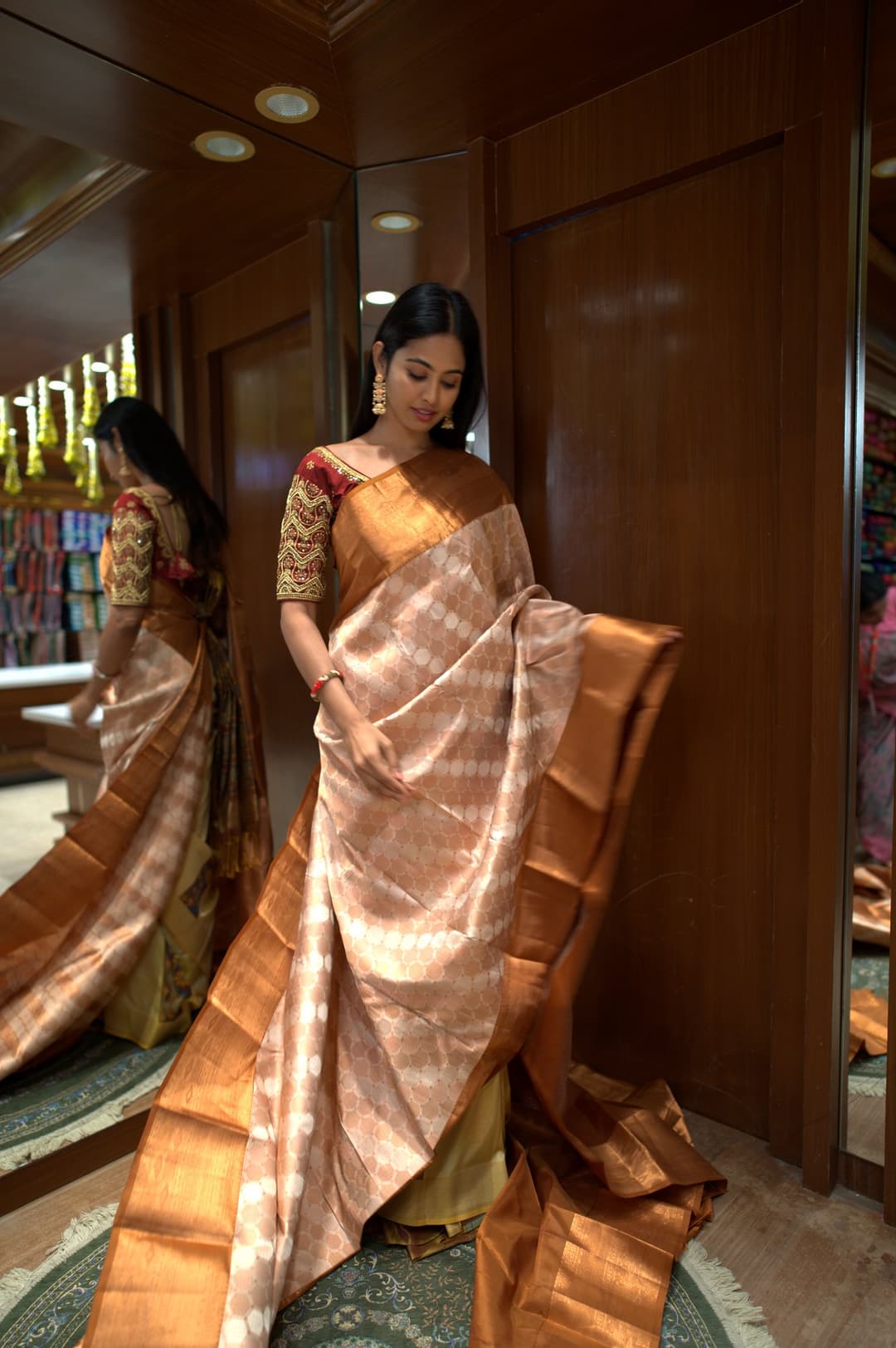 Champagne Copper Polka Brocade Kanjeevaram Silk Saree, Champagne Brocade Kanjeevaram silk saree — detail view 2