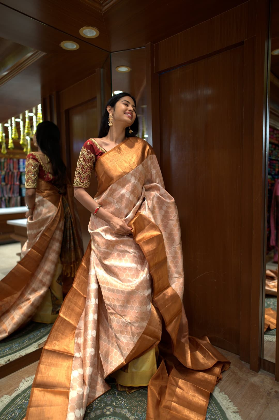 Champagne Copper Polka Brocade Kanjeevaram Silk Saree, Champagne Brocade Kanjeevaram silk saree — detail view 3