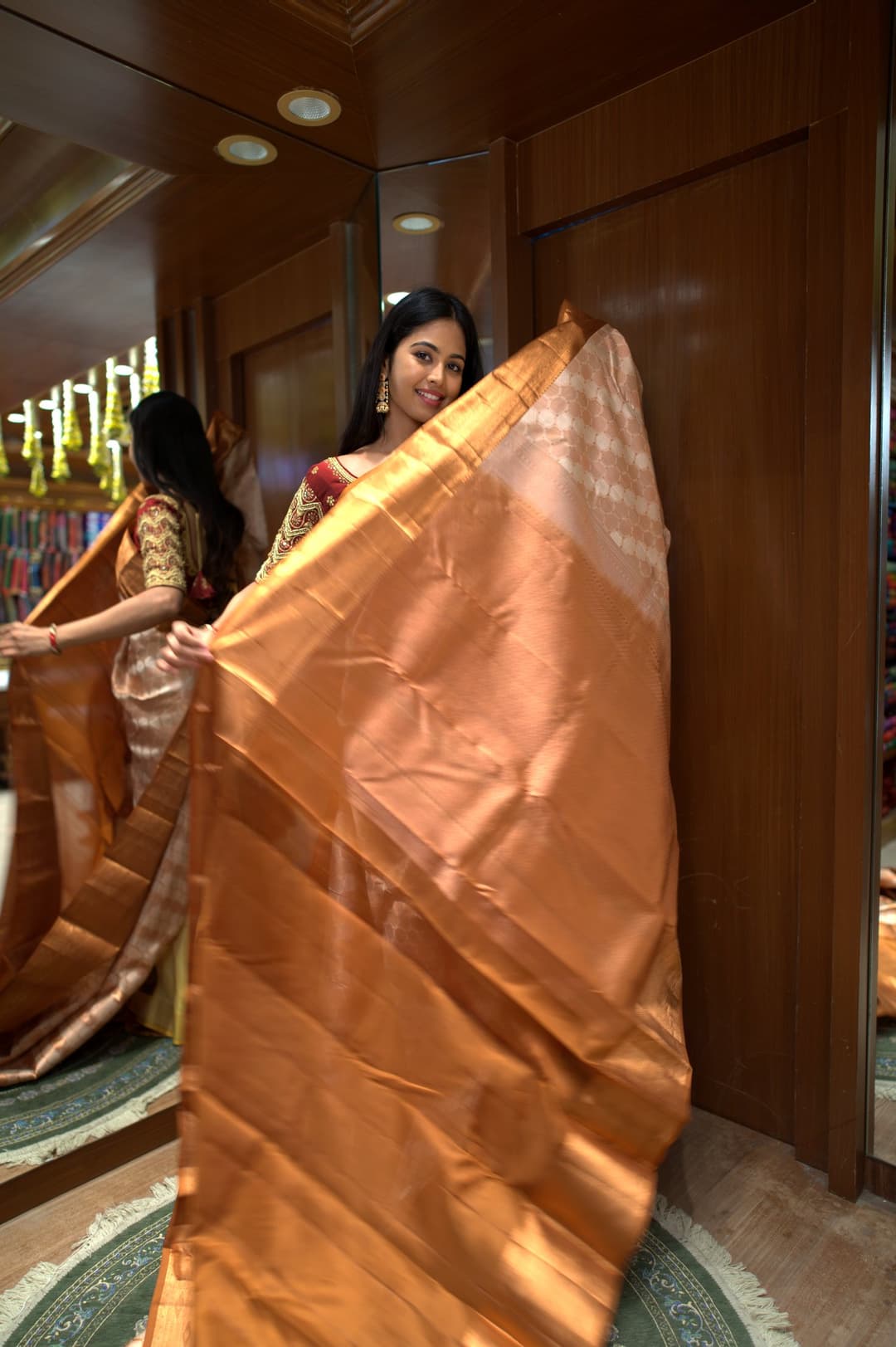 Champagne Copper Polka Brocade Kanjeevaram Silk Saree, Champagne Brocade Kanjeevaram silk saree — detail view 4