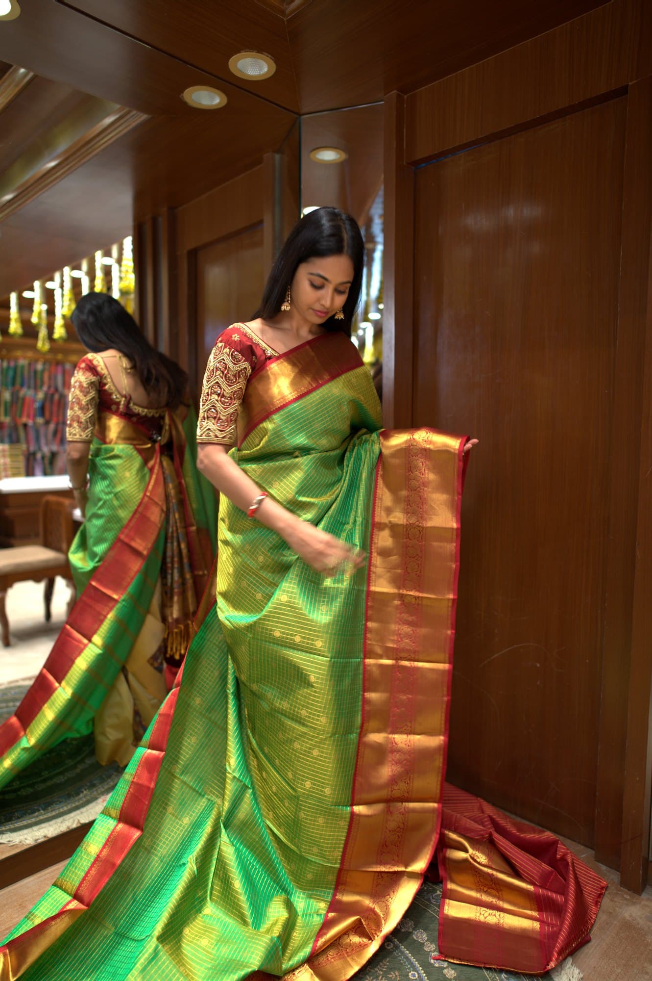 Parrot Green Maroon Border Kanjeevaram Silk Saree
