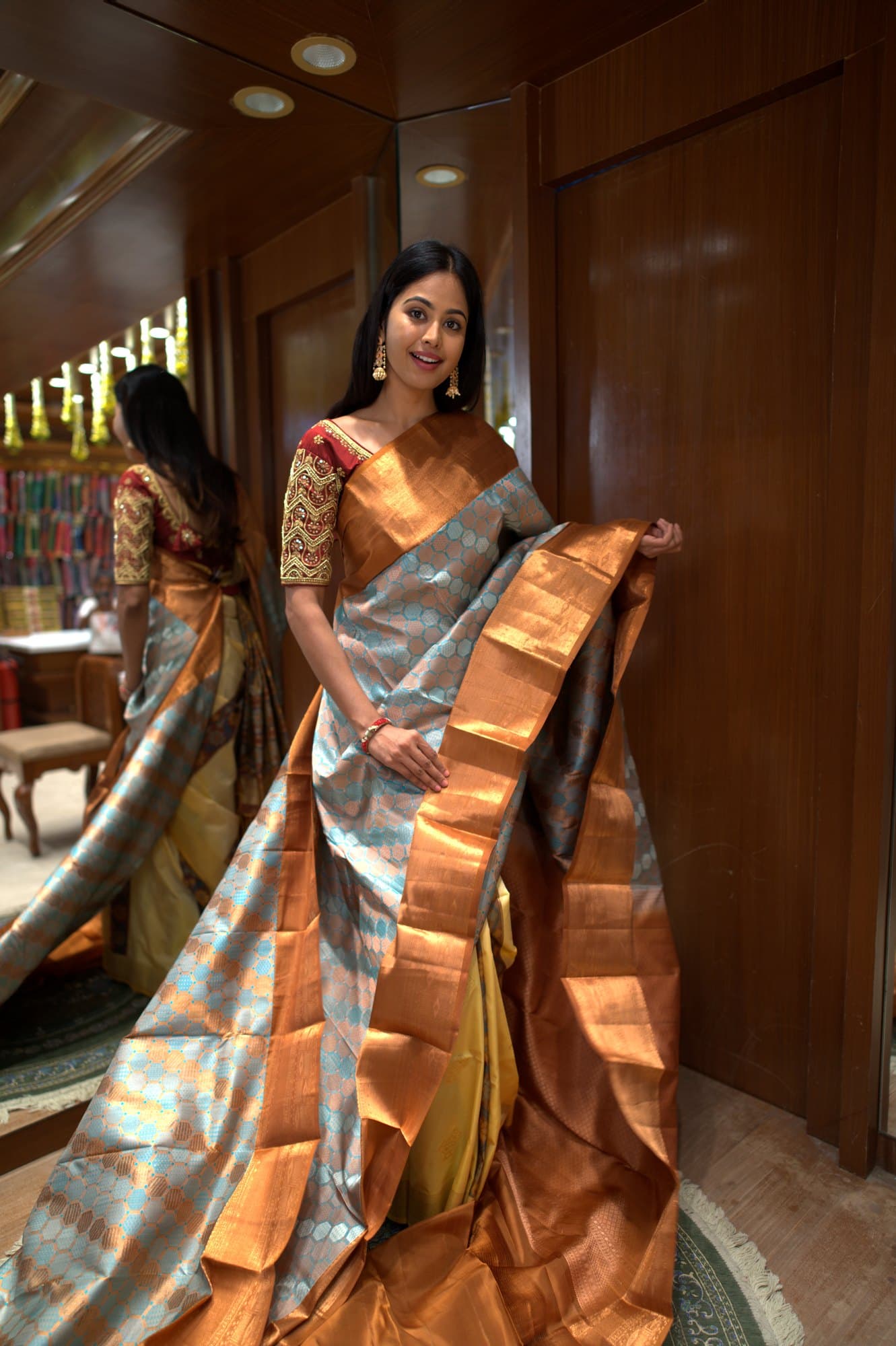 Grey Blue Copper Polka Kanjeevaram Silk Saree