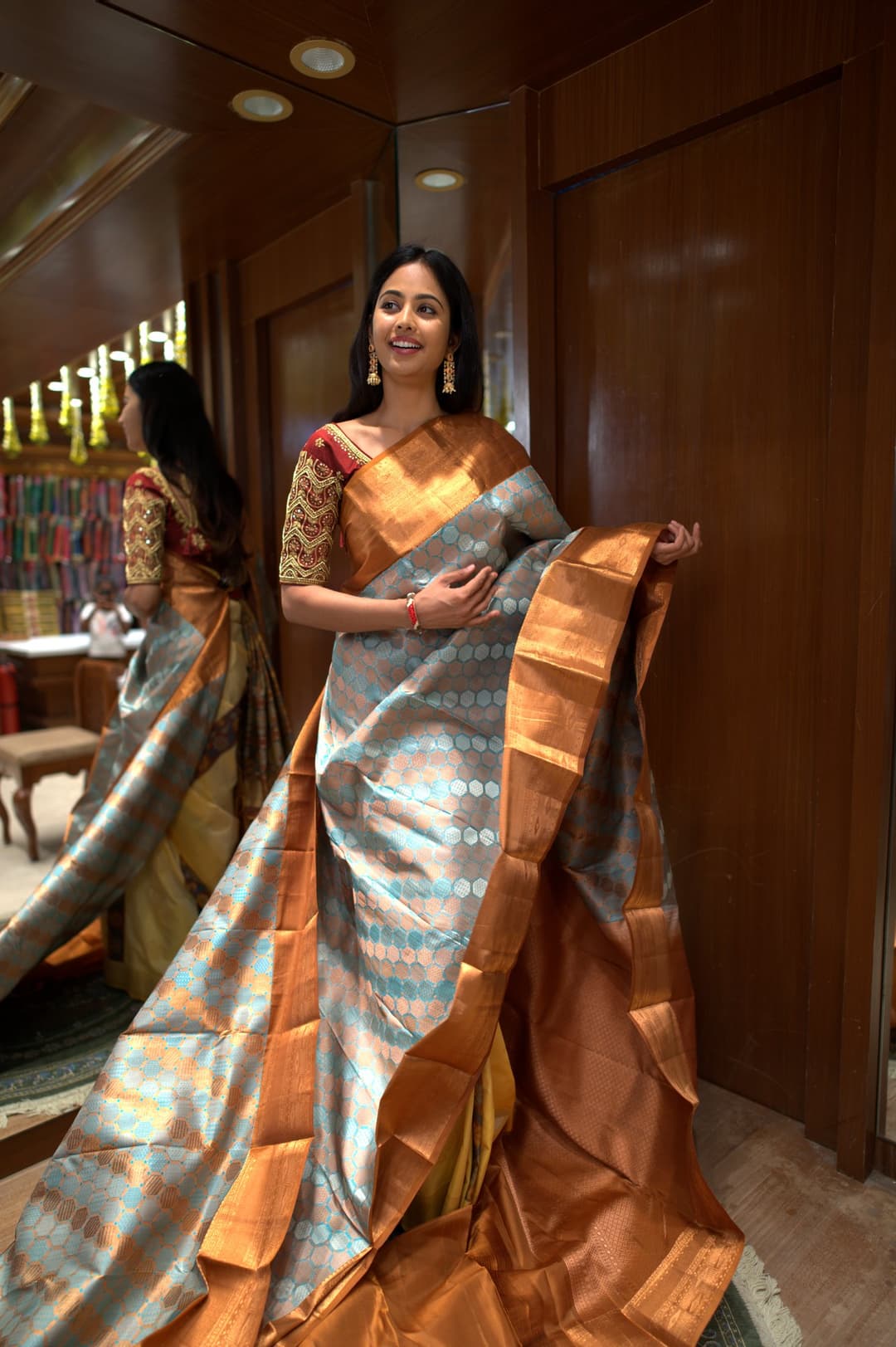 Grey Blue Copper Polka Kanjeevaram Silk Saree, Grey Blue Brocade Kanjeevaram silk saree — detail view 2