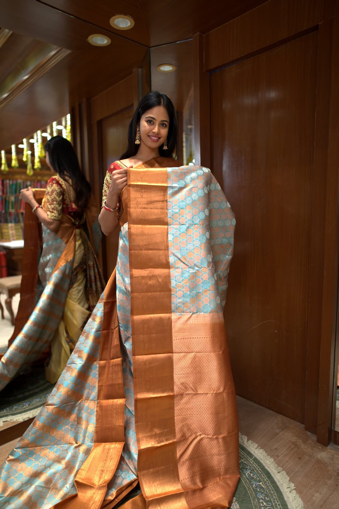 Grey Blue Copper Polka Kanjeevaram Silk Saree, Grey Blue Brocade Kanjeevaram silk saree — detail view 3