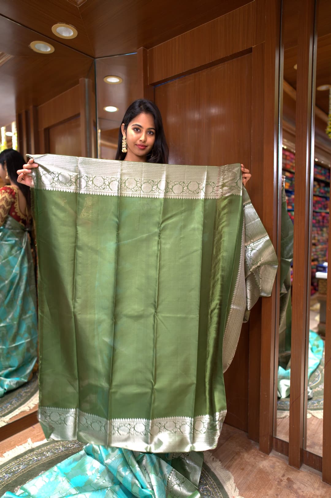 Sea Green Lotus Jacquard Kanjeevaram Silk Saree, Sea Green Jacquard Kanjeevaram silk saree — detail view 5
