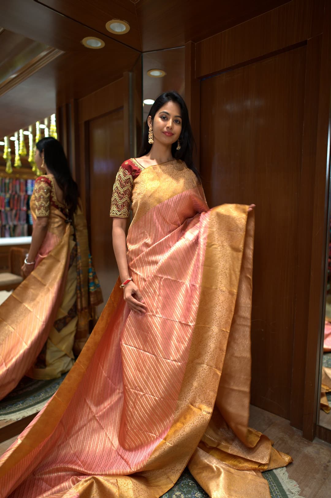 Coral Pink Gold Stripe Kanjeevaram Silk Saree, Coral Pink Brocade Kanjeevaram silk saree — full drape view