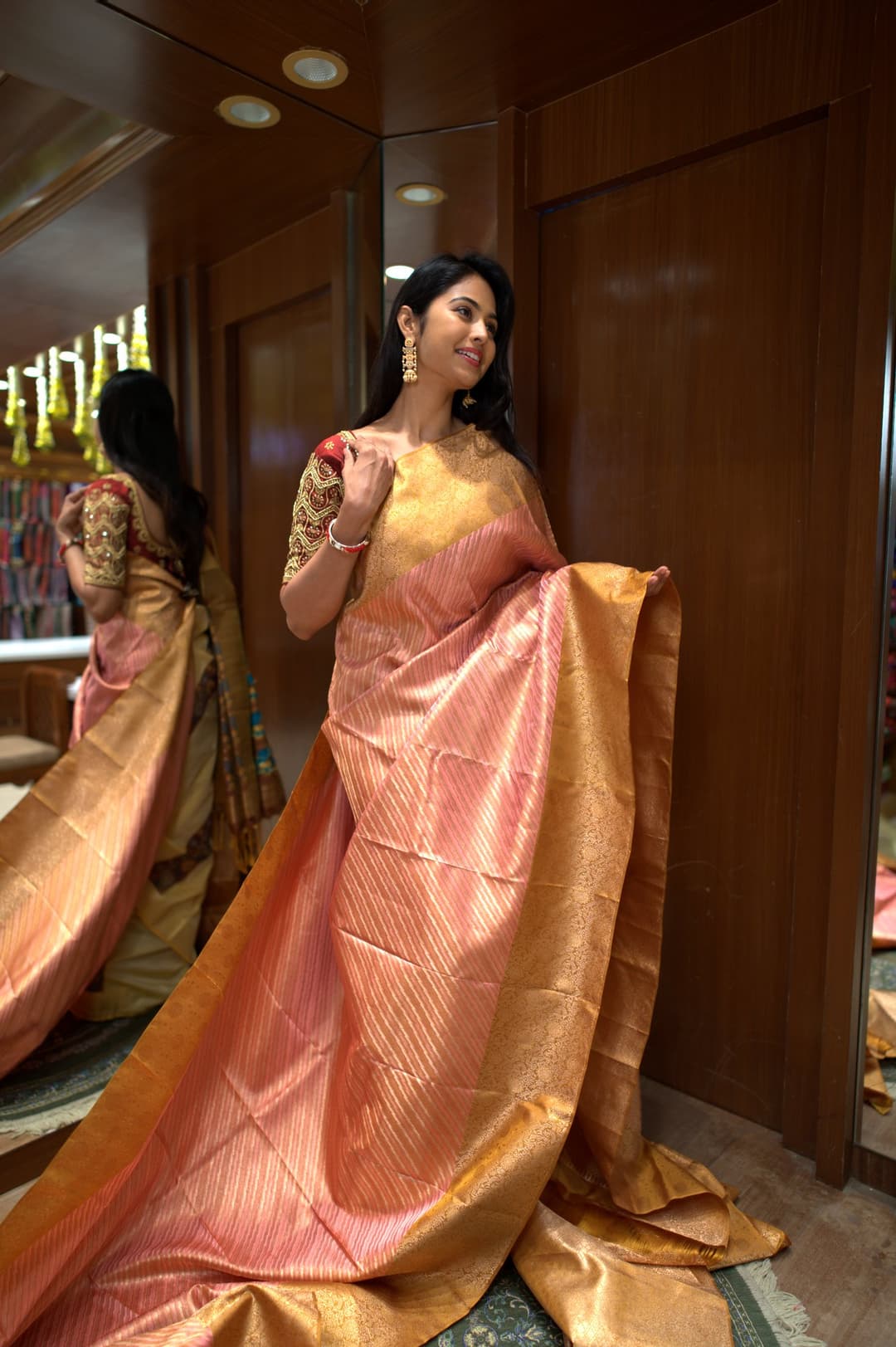 Coral Pink Gold Stripe Kanjeevaram Silk Saree, Coral Pink Brocade Kanjeevaram silk saree — detail view 2