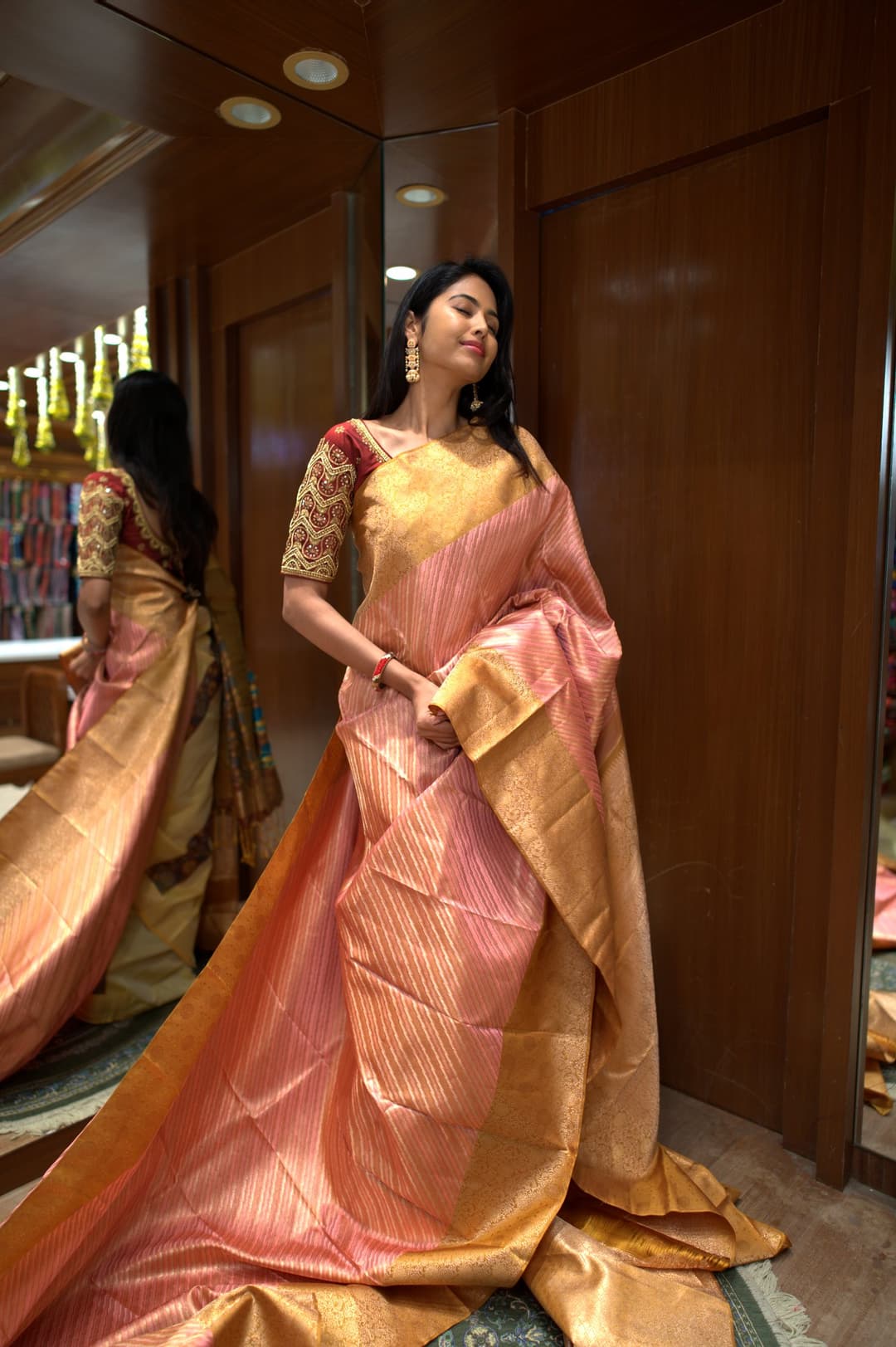 Coral Pink Gold Stripe Kanjeevaram Silk Saree, Coral Pink Brocade Kanjeevaram silk saree — detail view 3