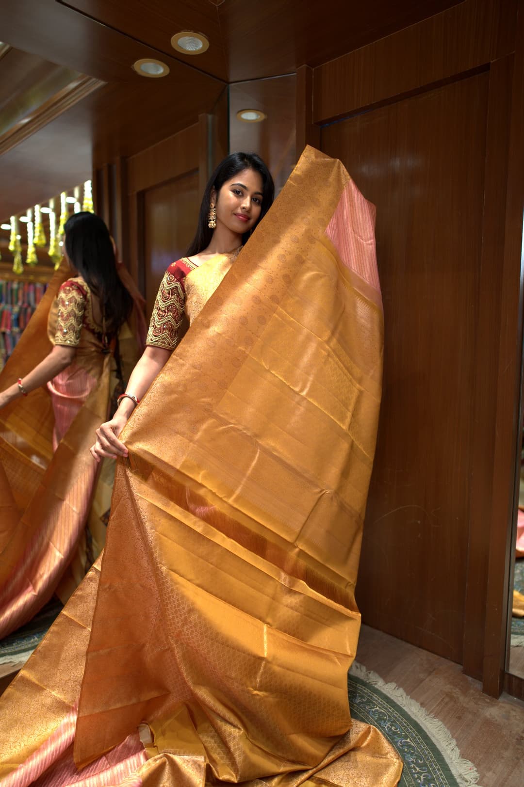 Coral Pink Gold Stripe Kanjeevaram Silk Saree, Coral Pink Brocade Kanjeevaram silk saree — detail view 4