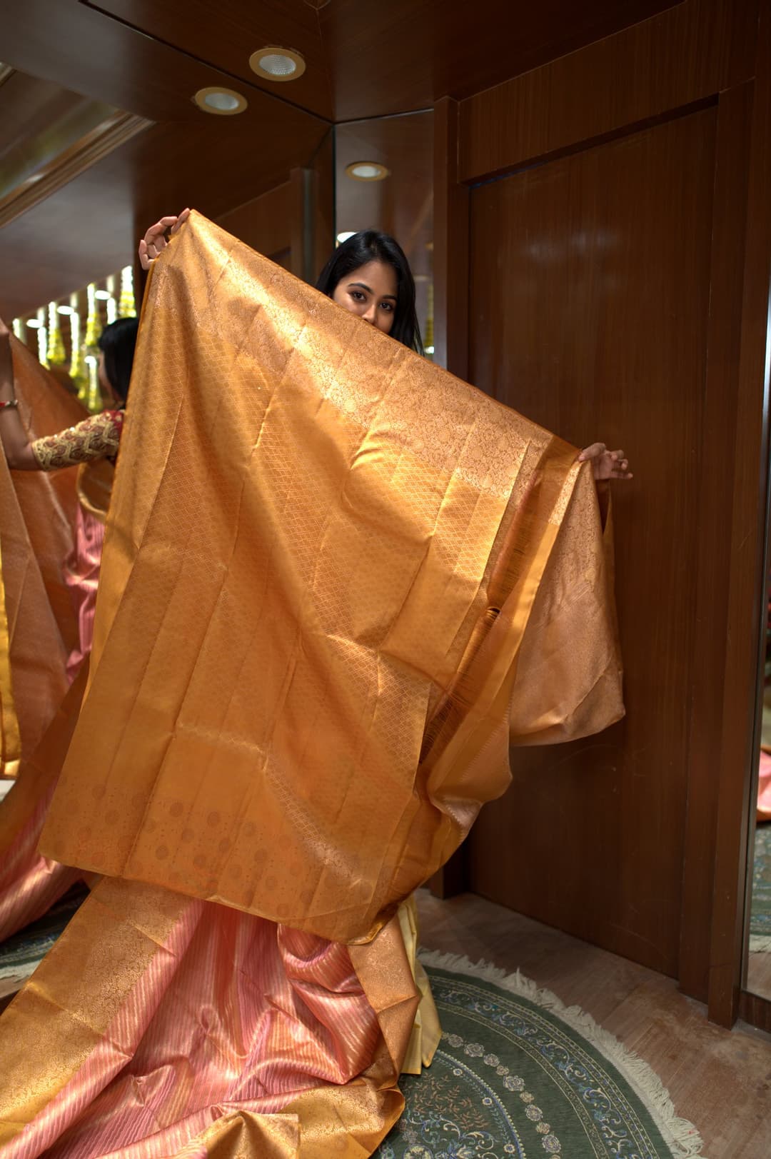 Coral Pink Gold Stripe Kanjeevaram Silk Saree, Coral Pink Brocade Kanjeevaram silk saree — detail view 5
