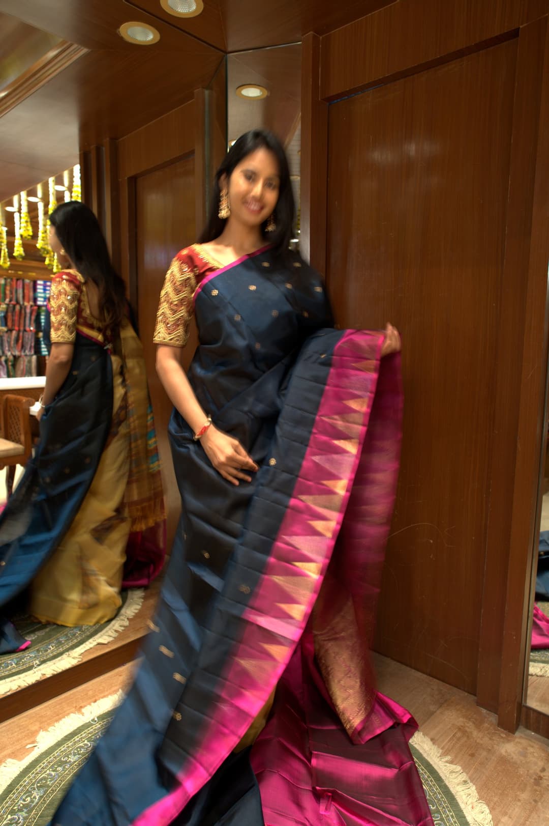 Teal Blue Pink Temple Border Soft Silk Saree, Teal Blue Korvai Kanjeevaram silk saree — full drape view