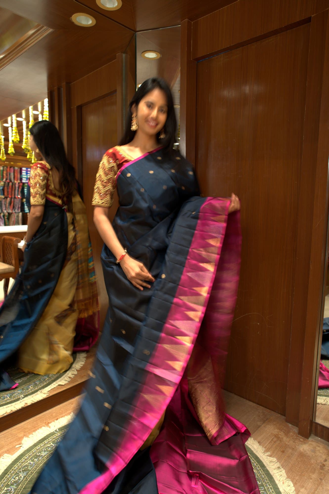 Teal Blue Pink Temple Border Soft Silk Saree