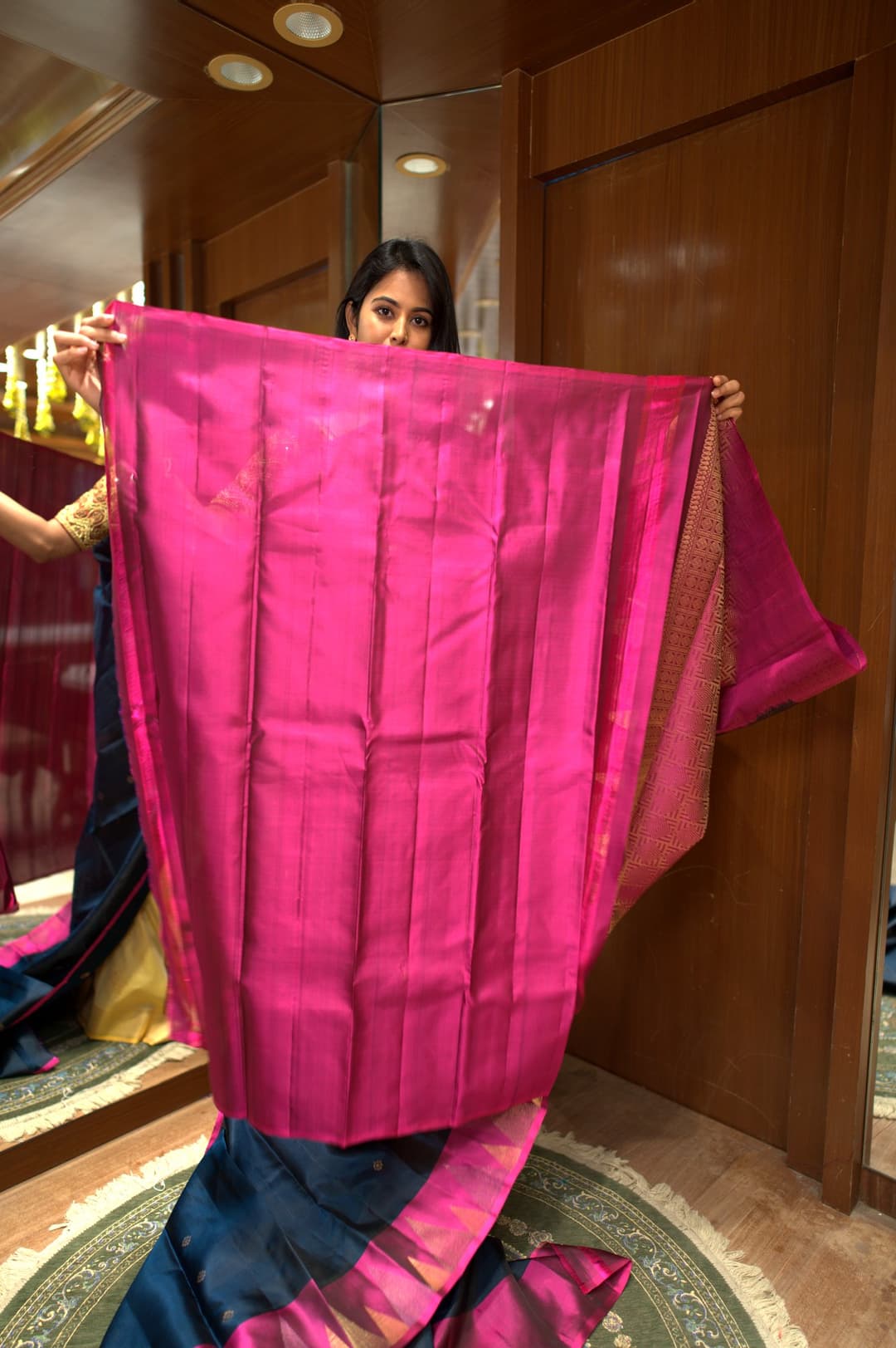 Teal Blue Pink Temple Border Soft Silk Saree, Teal Blue Korvai Kanjeevaram silk saree — detail view 5