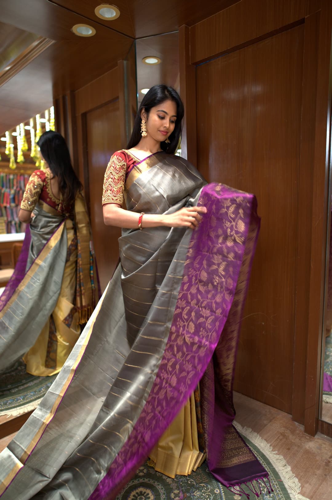 Grey Purple Floral Pallu Kanjeevaram Silk Saree, Grey Jacquard Kanjeevaram silk saree — full drape view