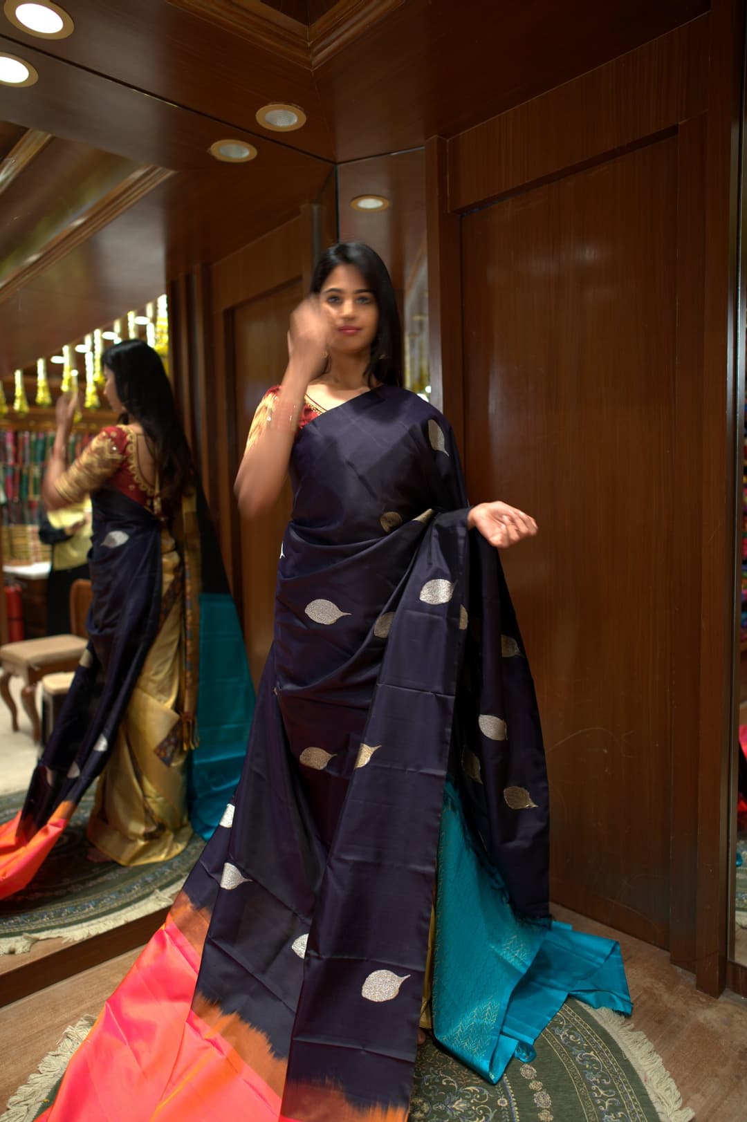 Ink Blue Silver Butta Kanjeevaram Silk Saree, Ink Blue Korvai Kanjeevaram silk saree — full drape view