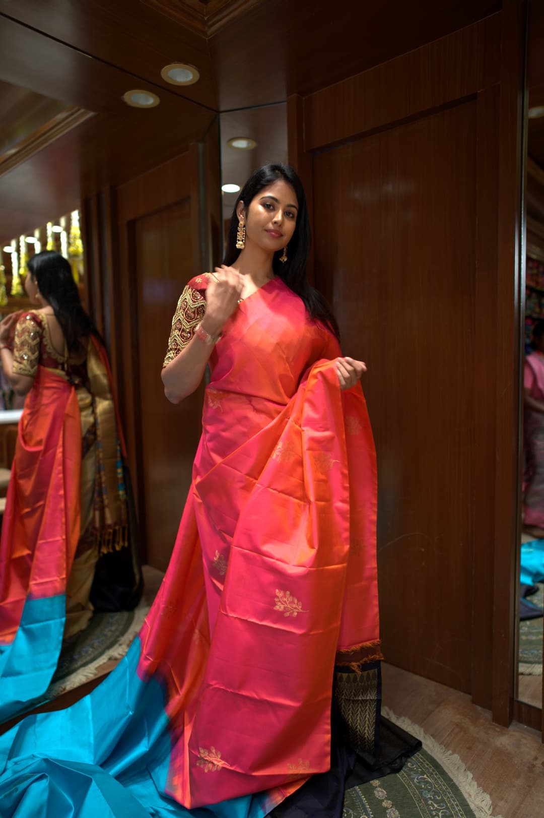Coral Red Gold Butta Kanjeevaram Silk Saree, Coral Red Korvai Kanjeevaram silk saree — full drape view