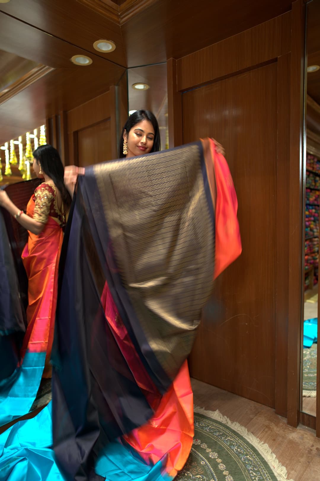 Coral Red Gold Butta Kanjeevaram Silk Saree, Coral Red Korvai Kanjeevaram silk saree — detail view 4