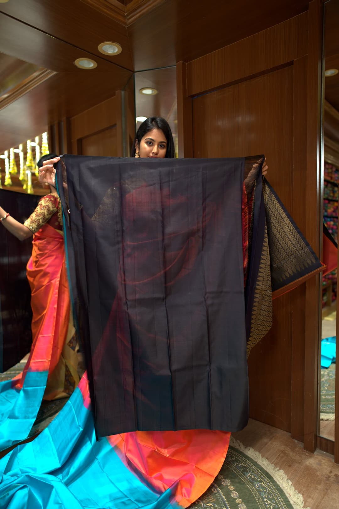 Coral Red Gold Butta Kanjeevaram Silk Saree, Coral Red Korvai Kanjeevaram silk saree — detail view 5
