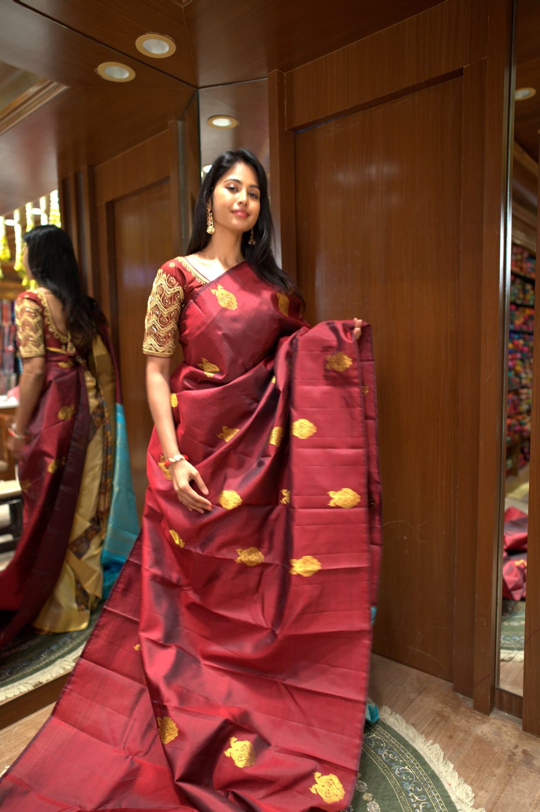 Maroon Gold Butta Kanjeevaram Silk Saree, Maroon Korvai Kanjeevaram silk saree — full drape view