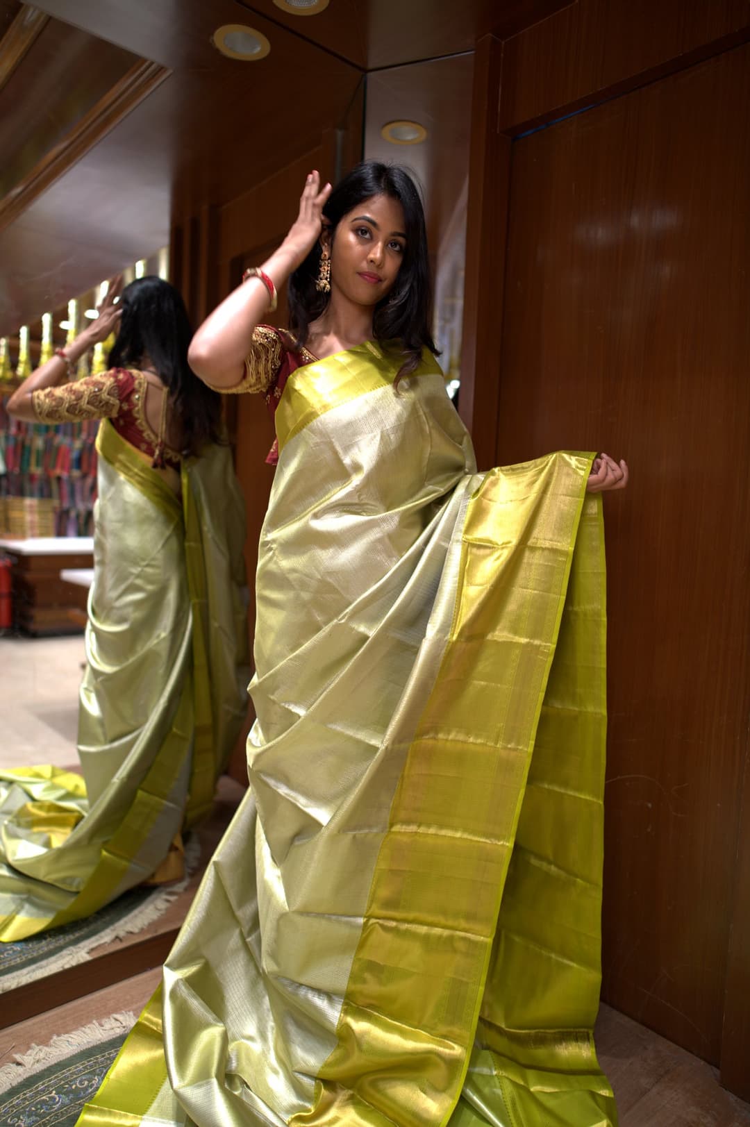 Golden Olive Tissue Kanjeevaram Silk Saree, Golden Olive Plain Kanjeevaram silk saree — full drape view