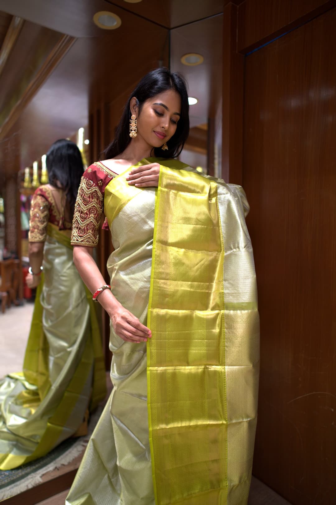 Golden Olive Tissue Kanjeevaram Silk Saree, Golden Olive Plain Kanjeevaram silk saree — detail view 3