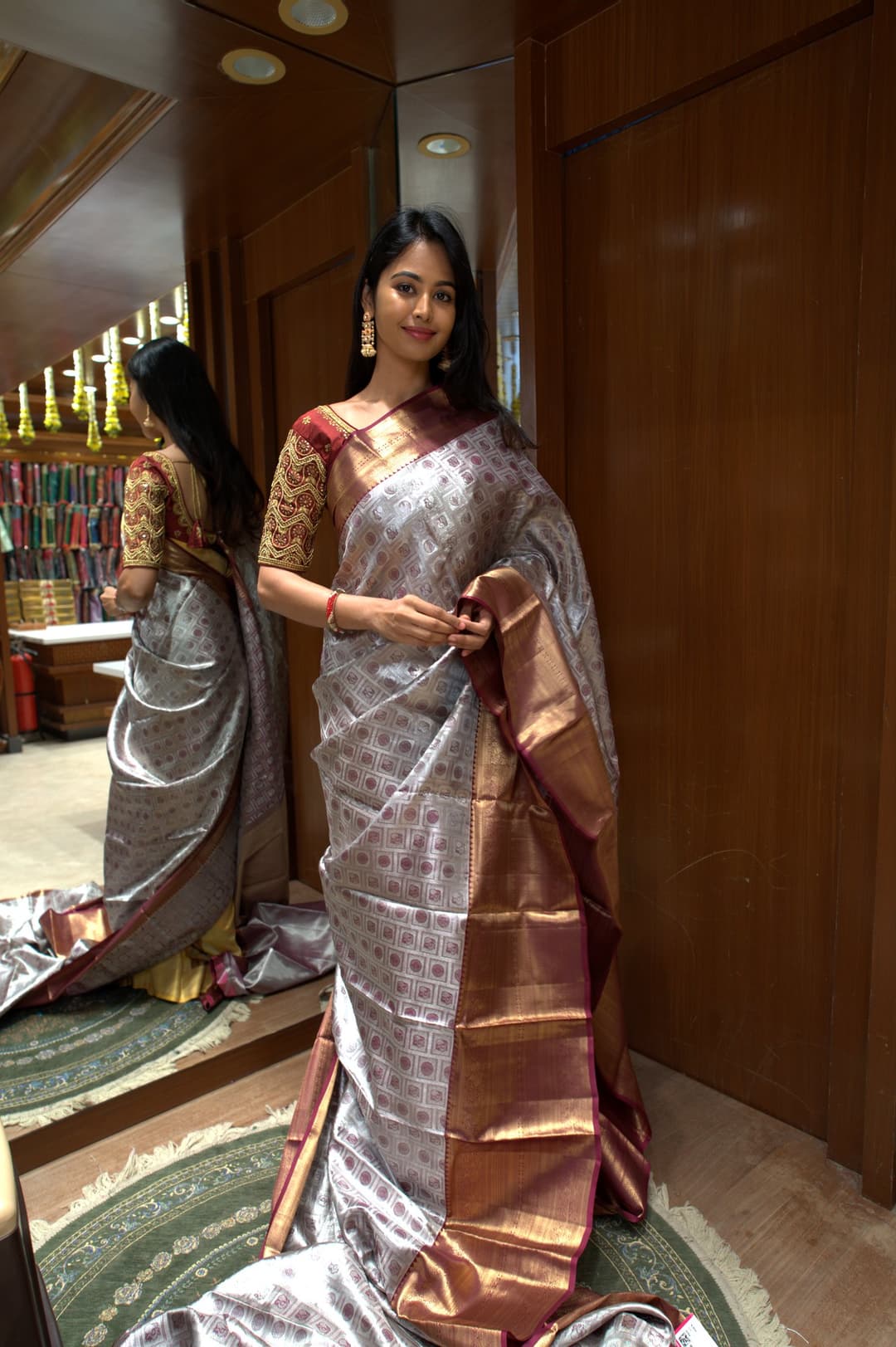 Silver Grey Brocade Kanjeevaram Silk Saree, Silver Grey Brocade Kanjeevaram silk saree — full drape view
