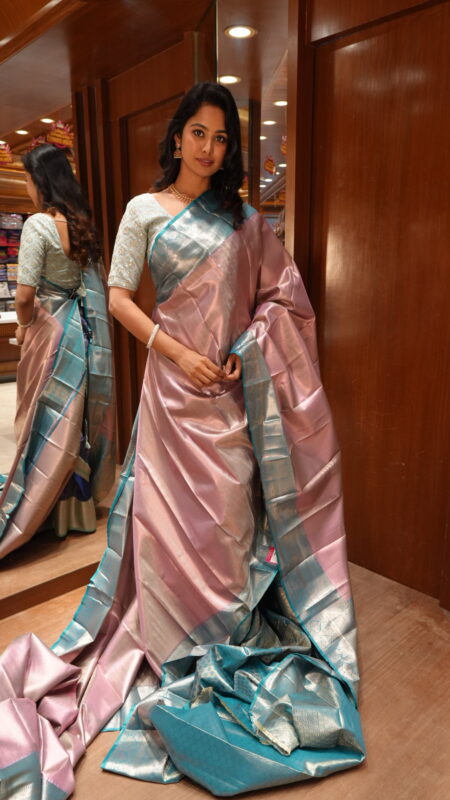 Dual-Tone Majesty: Pink and Teal Silk Saree