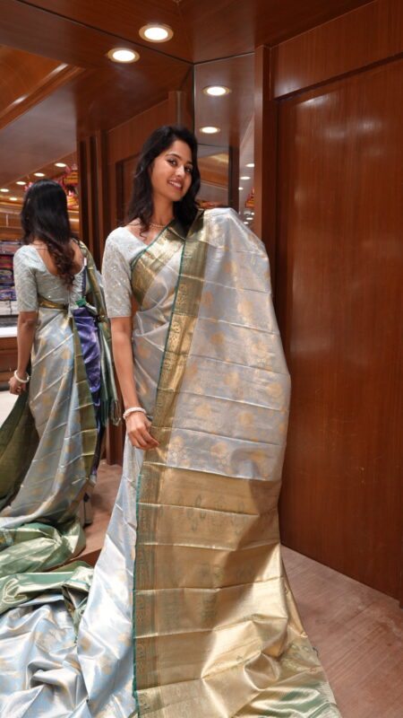 Serene Sky: Pastel Blue Silk Saree with Gold Zari