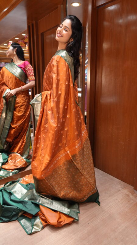Rust Orange & Bottle Green Dual-Tone Soft Silk Saree with Zari Border