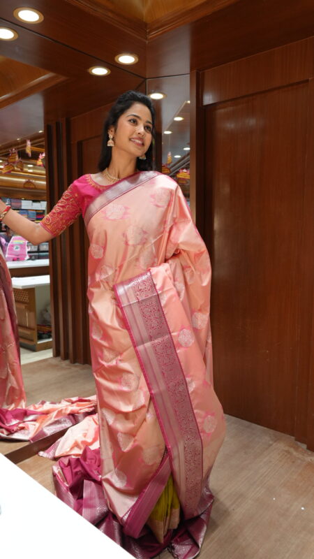 Pastel Pink & Wine Dual-Tone Soft Silk Saree with Silver Zari