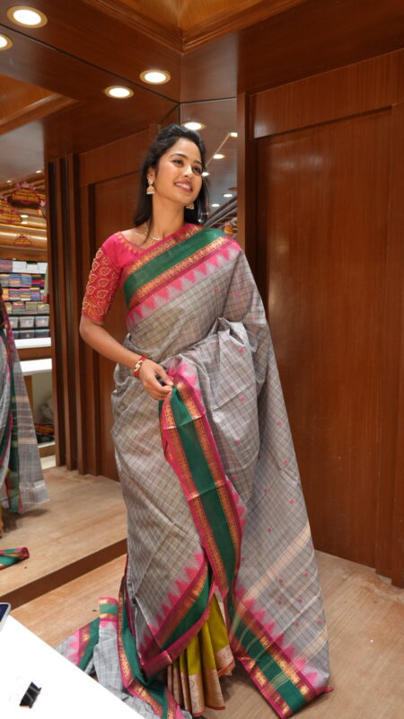 Classic Grey Chettinad Cotton Saree with Temple Border