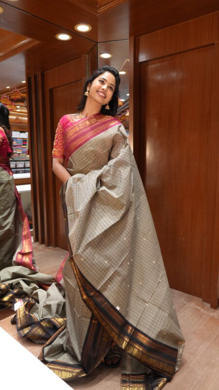 Grey Chettinad Cotton Saree with Ganga-Jamuna Zari Borders
