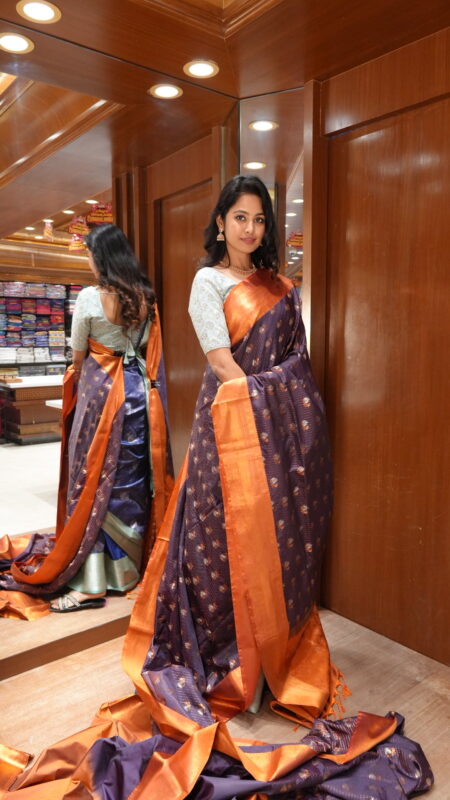 Mystical Bloom: Deep Plum and Copper Silk Saree