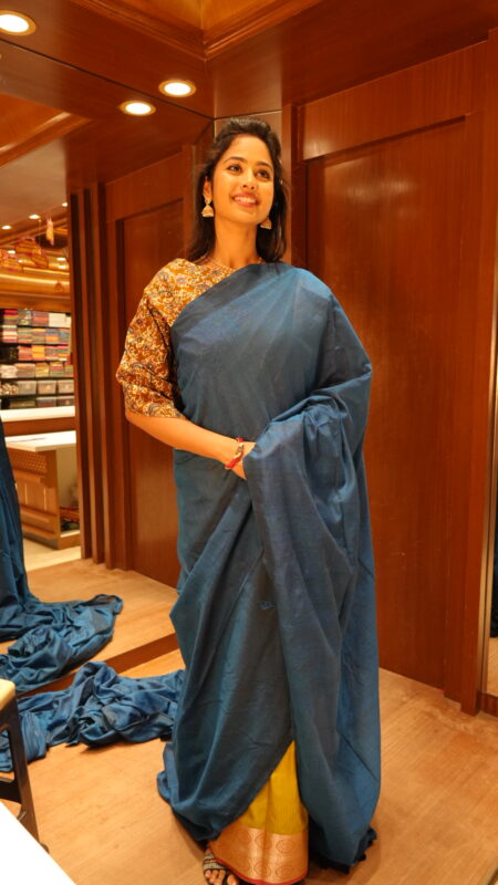 Midnight Blue Solid Soft Cotton Saree with Tassels