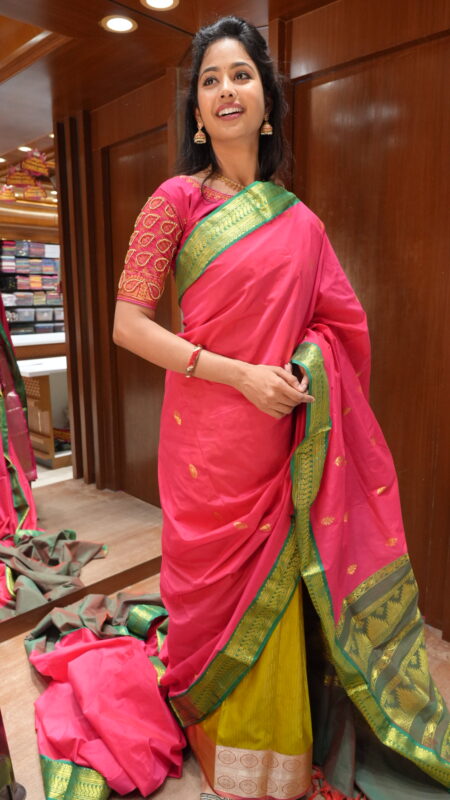 Radiant Rani Pink Soft Silk Saree with Contrast Green Border