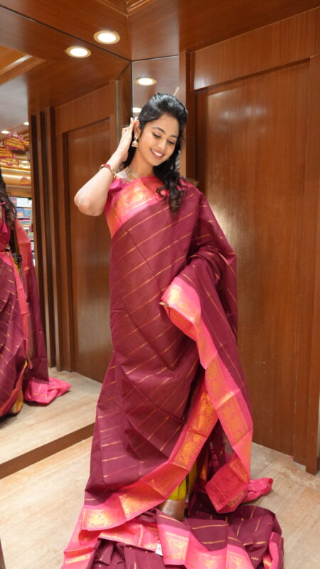 Regal Wine & Fuchsia Pink Cotton Silk Saree with Gold Zari Stripes