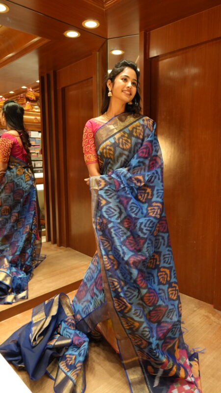 Royal Blue Breeze: Ikat-Inspired Printed Silk Saree with Zari Border