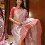 Rose Gold Tissue Silk Saree with Coral Borders