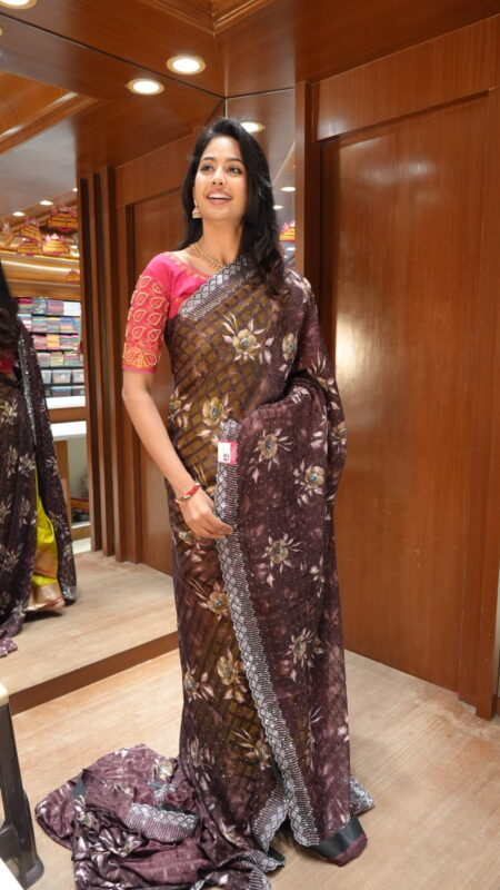 Mulberry Floral Saree with Sequin Work and Scalloped Edge