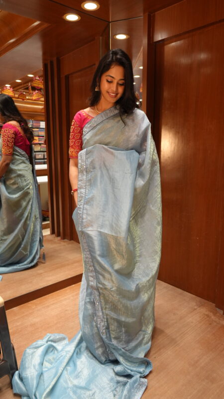 Shimmering Serenity: Iridescent Tissue Saree