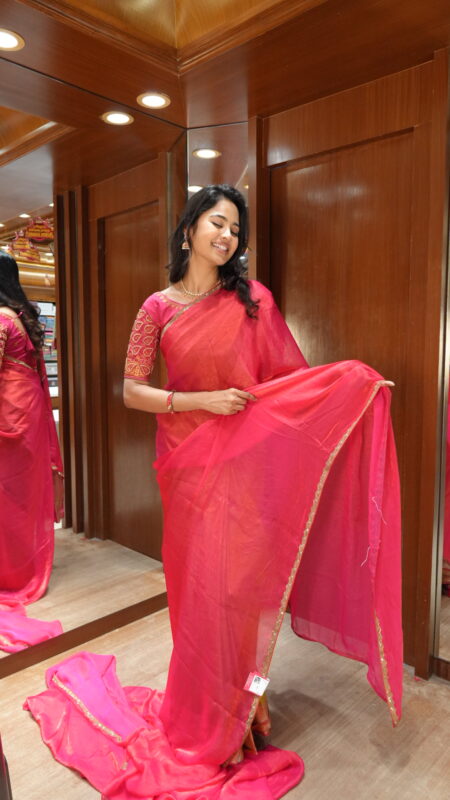 Radiant Rhapsody: Hot Pink Tissue Chiffon Saree